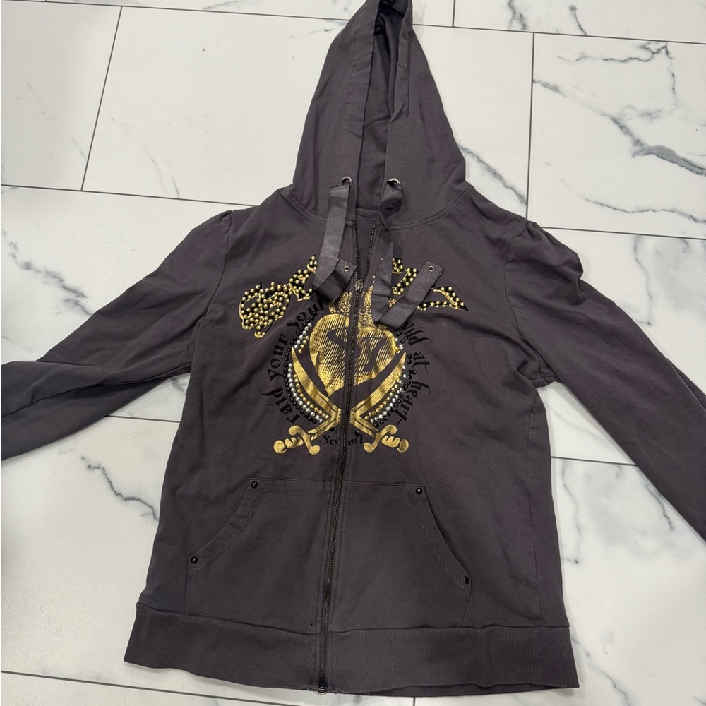 SEVEN 7 Womens Hoodie Size XL Full Zip Drawstring Pockets Sleeve Embellished